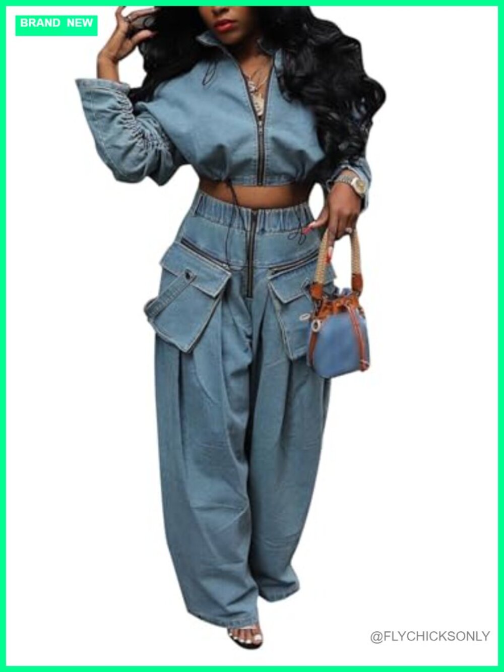 Women's Denim 2 Piece Cargo Jean Set Zip Crop Jacket Wide Leg Y2K Streetwear